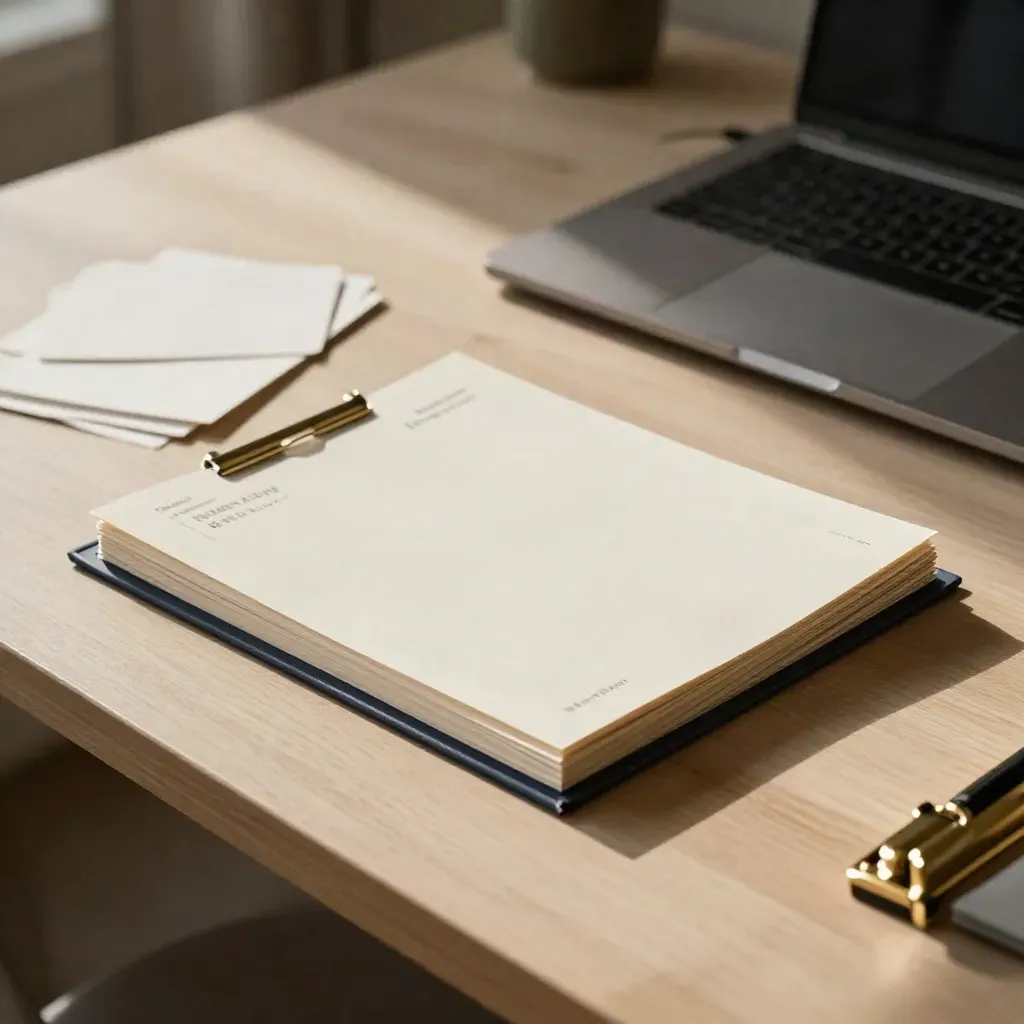 Sales-page rewrite materials on pale wood with laptop, proof packet and brass clip in warm daylight.