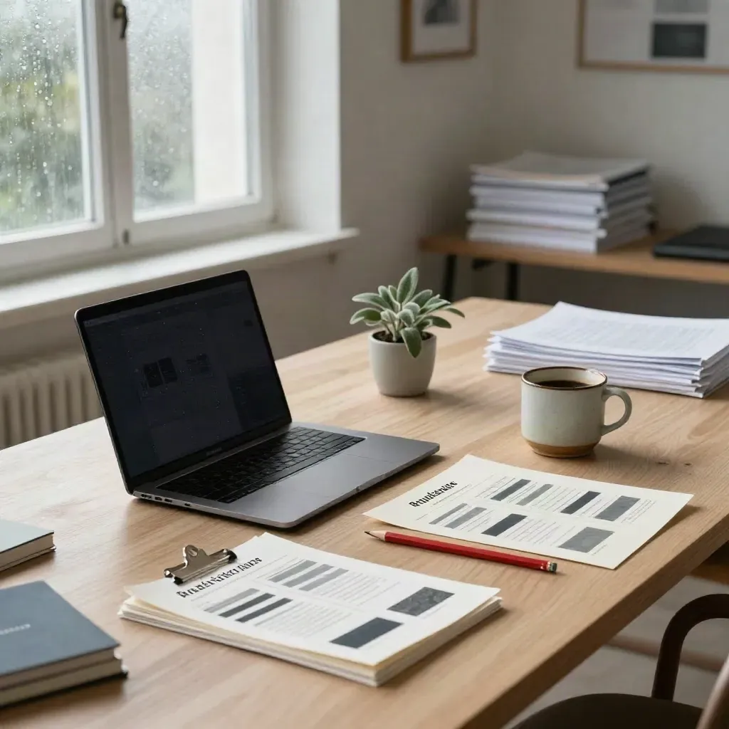Copywriting campaign spread on pale oak table with laptop, layouts, cards, pencil, mug, and sage plant.