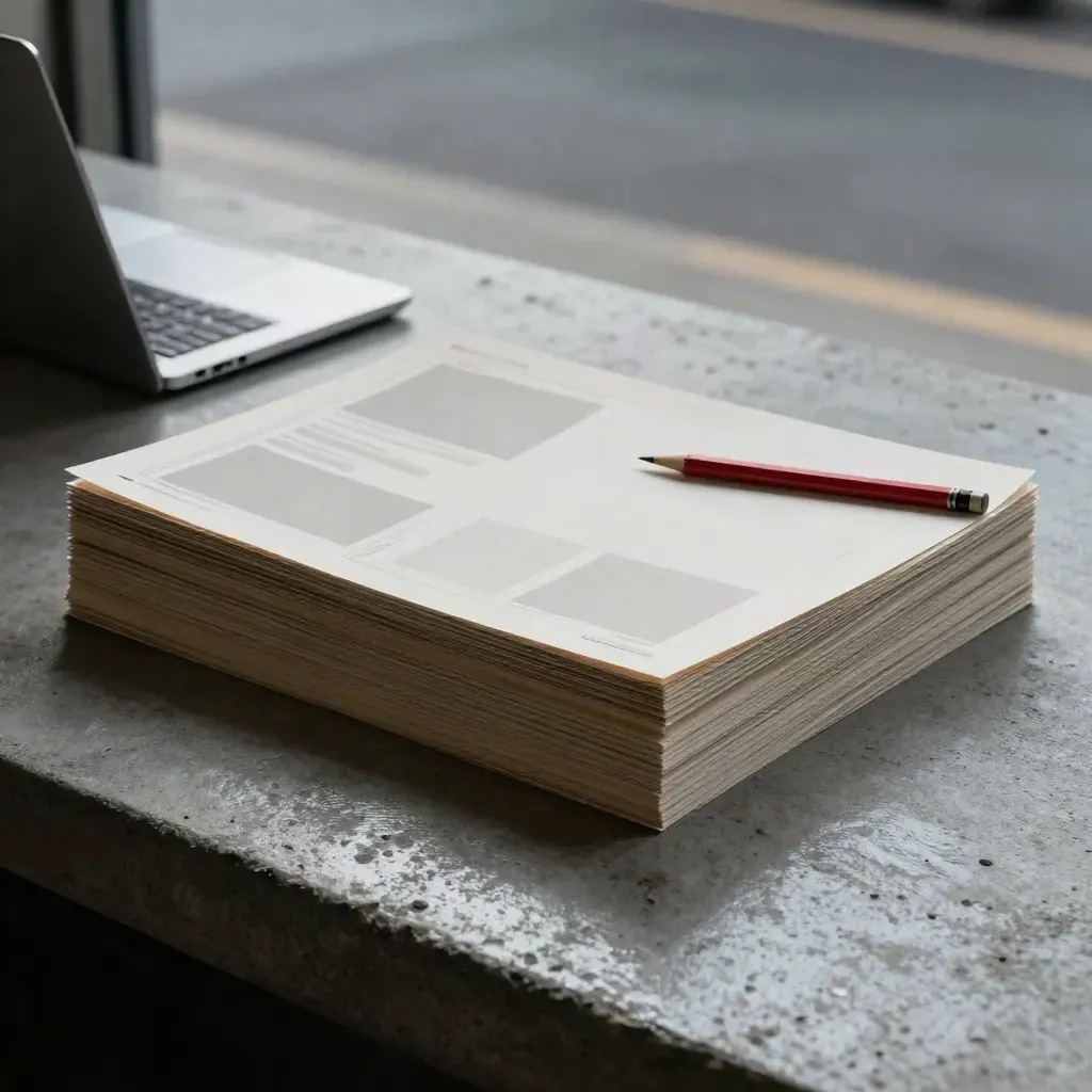 Sliding landing-page proof sheets, slim laptop, and red pencil on brushed concrete after rain.