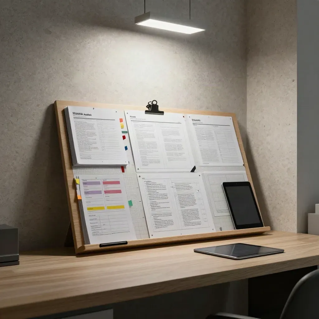 Homepage audit board with pinned sheets, notes, and a closed tablet in a studio corner.