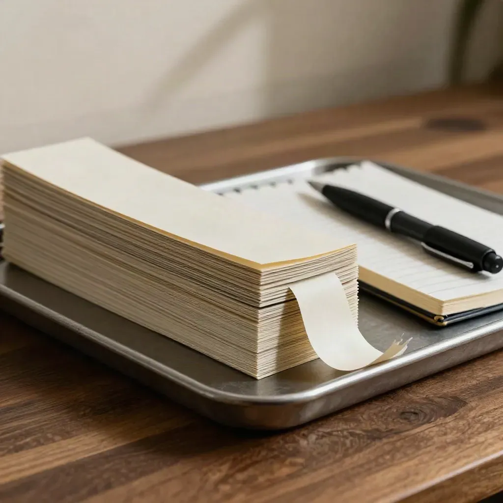Draft strips and a notebook mid-trim on a brushed metal tray, shot side-on in diagonal motion.