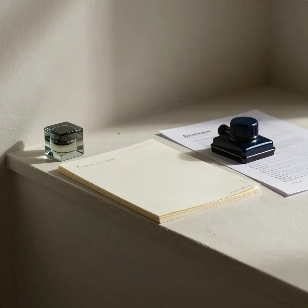 Proof cards, paperweight, and navy stamp pad on pale plaster in soft studio light.