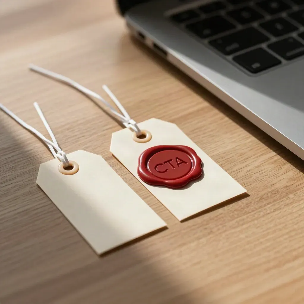 Three CTA tags with a red seal beside a laptop edge on oak.