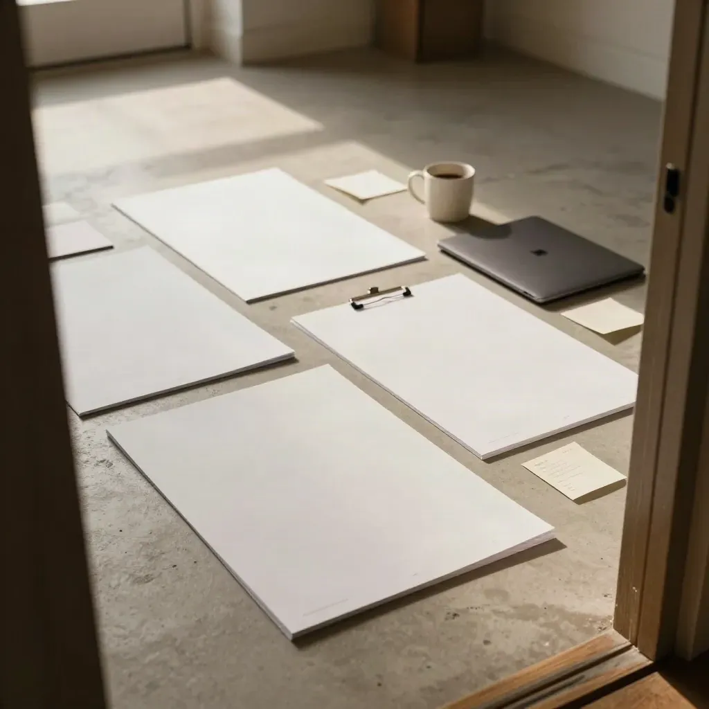 Rewrite kit on a concrete floor with laptop, coffee mug and notes in warm afternoon light.
