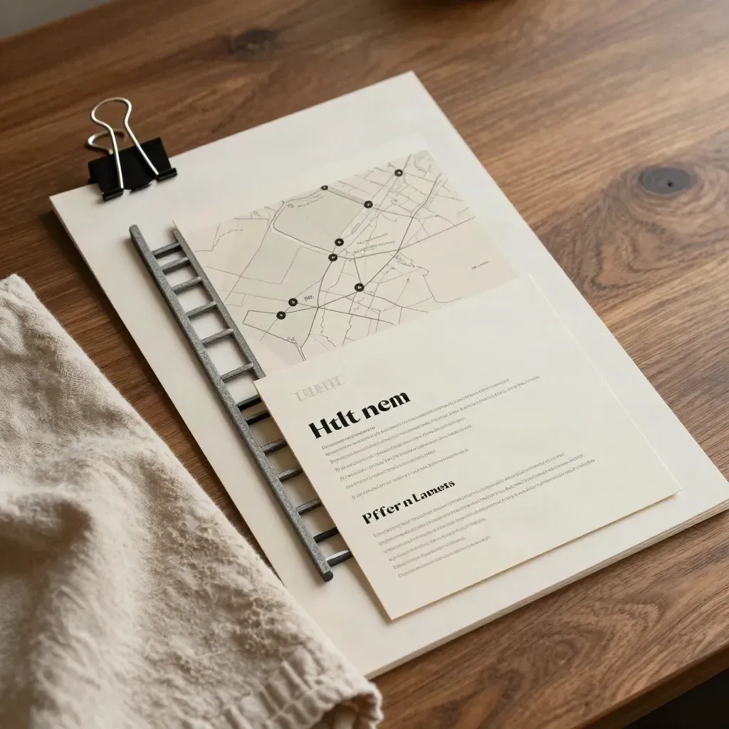 Overhead stepped paper map on walnut with binder clips and folded cloth in a studio layout.
