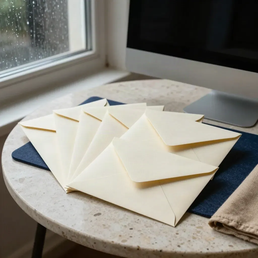 Five envelope mockups arc beside a dark-screen keyboard on a rain-lit stone side table.