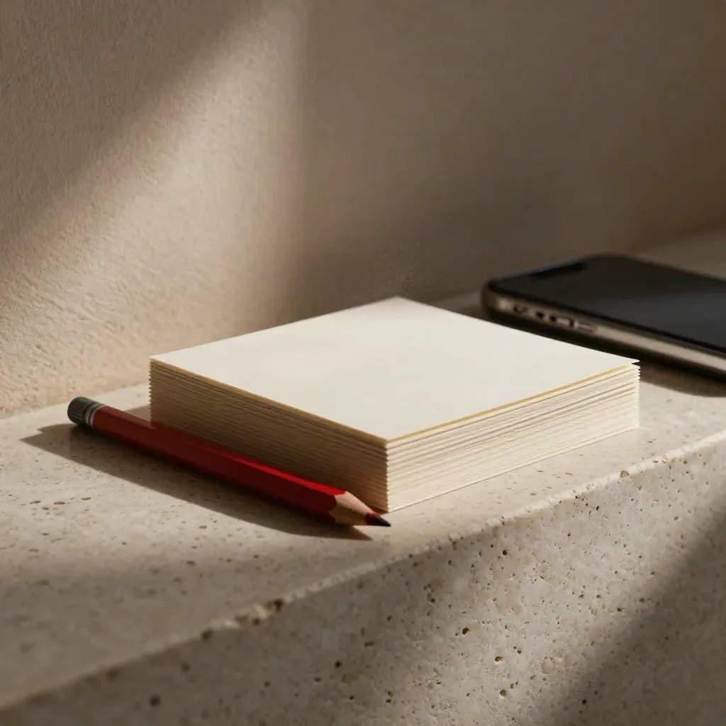 Red pencil, closed phone, and stacked ad copy cards on a sunlit stone ledge.