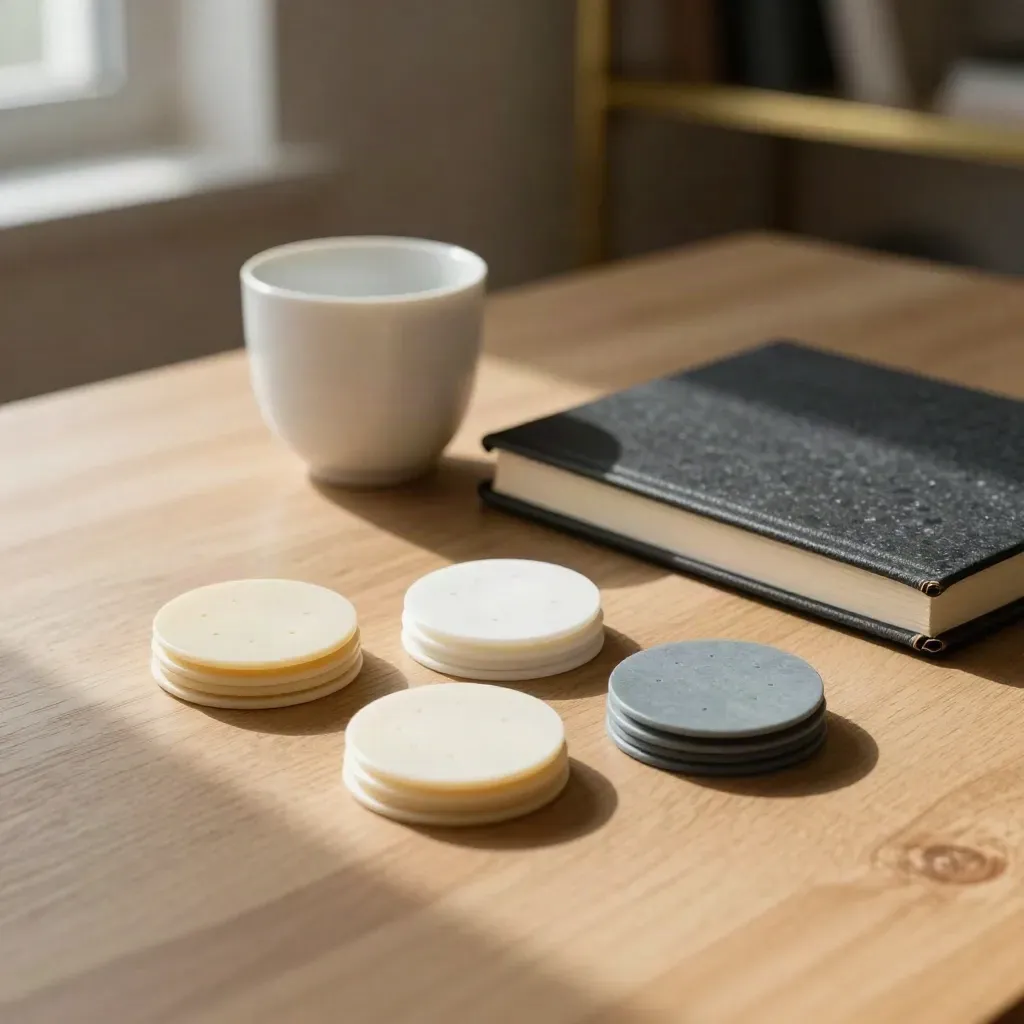 Tone chips, notebook, and white ceramic cup grouped on an oak table in warm light.