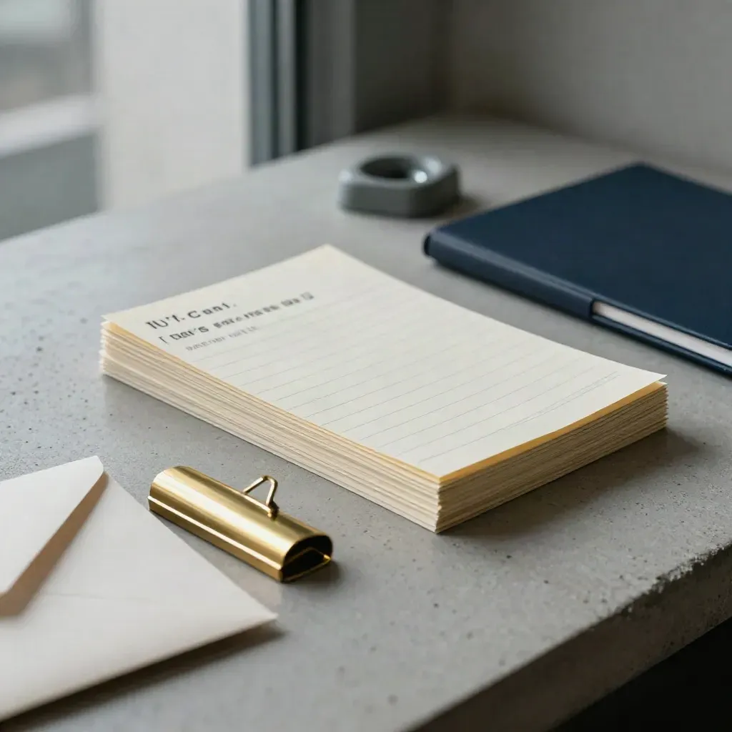 Call notes, open envelope flap and brass clip on concrete in a quiet copywriting studio.