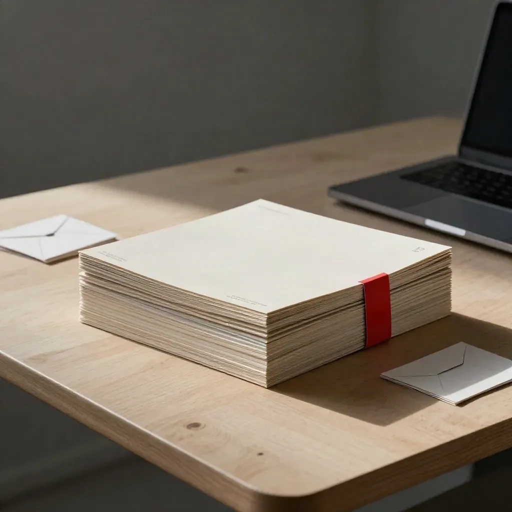 Launch copy bundle on a pale wood table with laptop and red accent, cinematic and ready to send