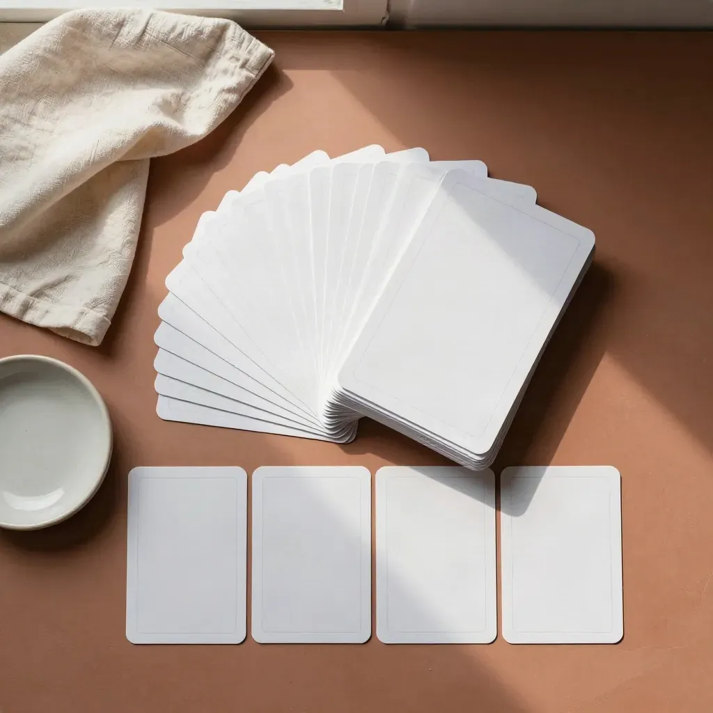 Overhead flatlay of wireframe copy cards, linen cloth, and ceramic dish on terracotta plaster.