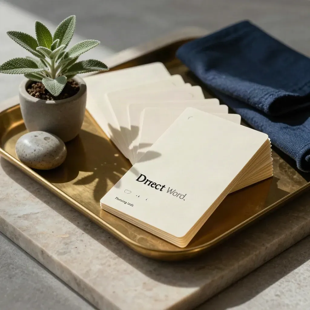 Brass tray with blank cards, sage plant and stone paperweight on pale limestone.