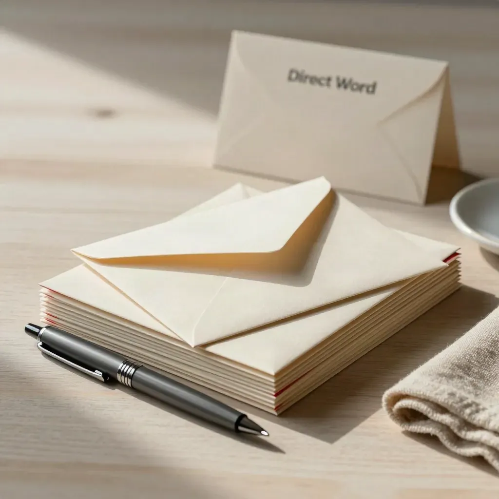 Fanned envelope mockups, fountain pen, and linen cloth on pale wood.