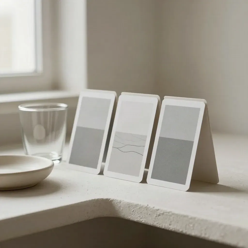Ad card mockups with glass cup and ceramic dish on a plaster shelf